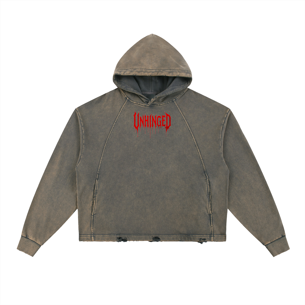 Hoodie grey unisex RED Unhinged .                            Vintage Washed Frayed-Hem Hoodie