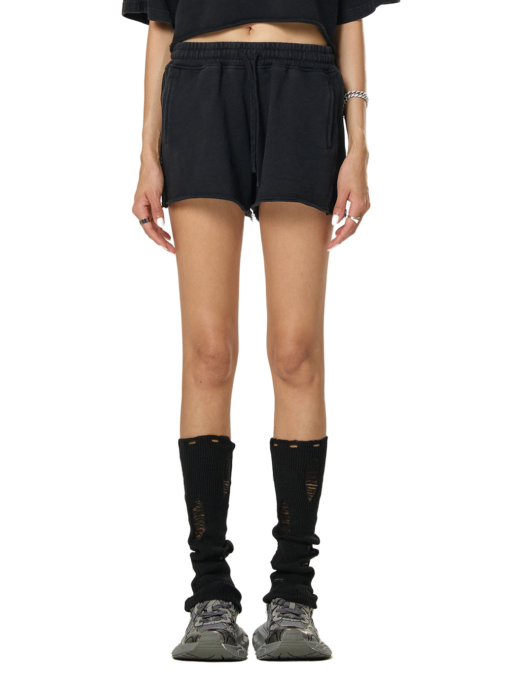 Shorts-women- unhinged.        Snow Washed Raw Edge Drawstring Shorts