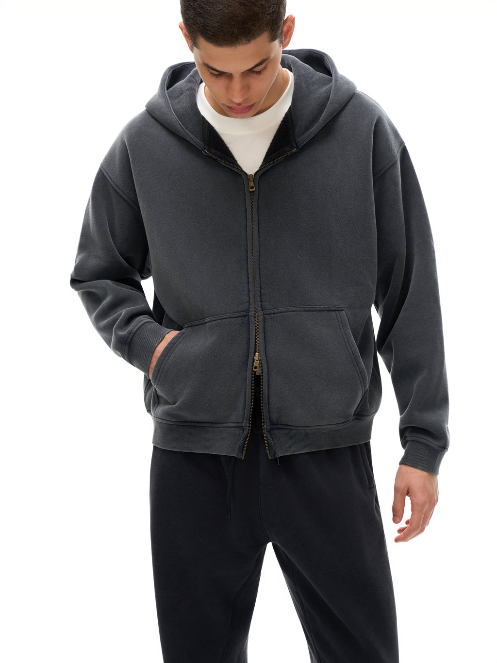 Hoodie Simple jakmogs Zip-Through Boxy Fleece Hoodie