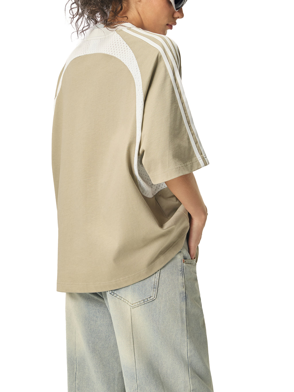 Top unisex white unhinged Contrast Stripes Panel Mesh T-shirt